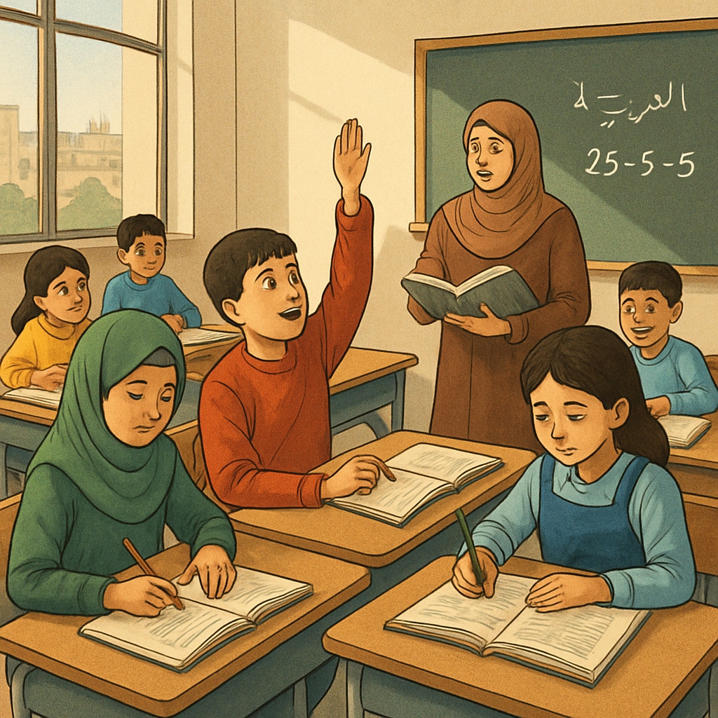 Gaza classroom with children learning together, reflecting education rebuilding.