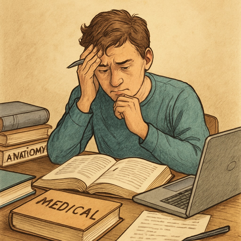 Student with learning disabilities studying medical materials under pressure.