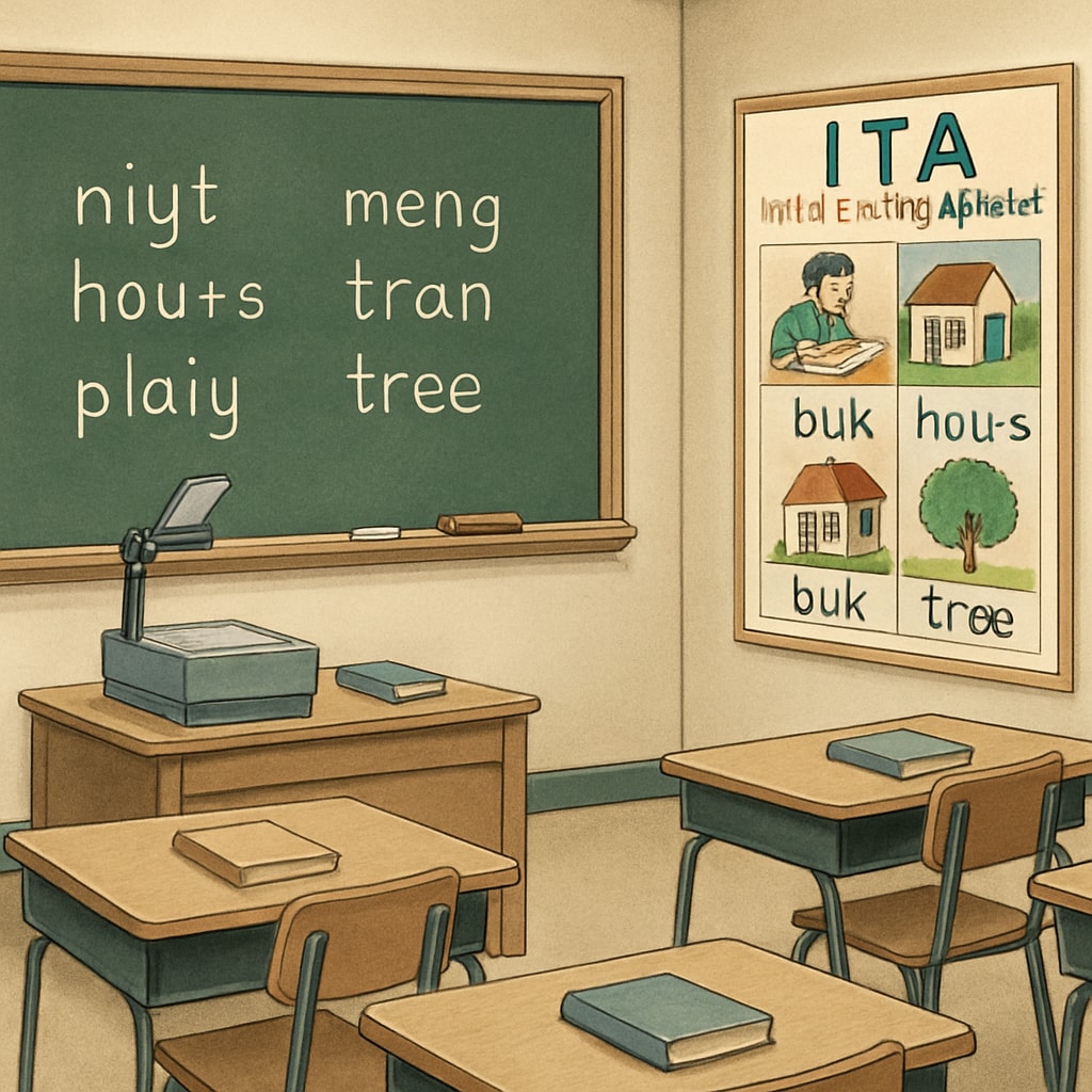 A historical classroom setting from the 1970s with ITA teaching materials prominently displayed. The image provides context for the educational environment of the time. ITA teaching materials in a 1970s classroom showcasing the experimental alphabet system.