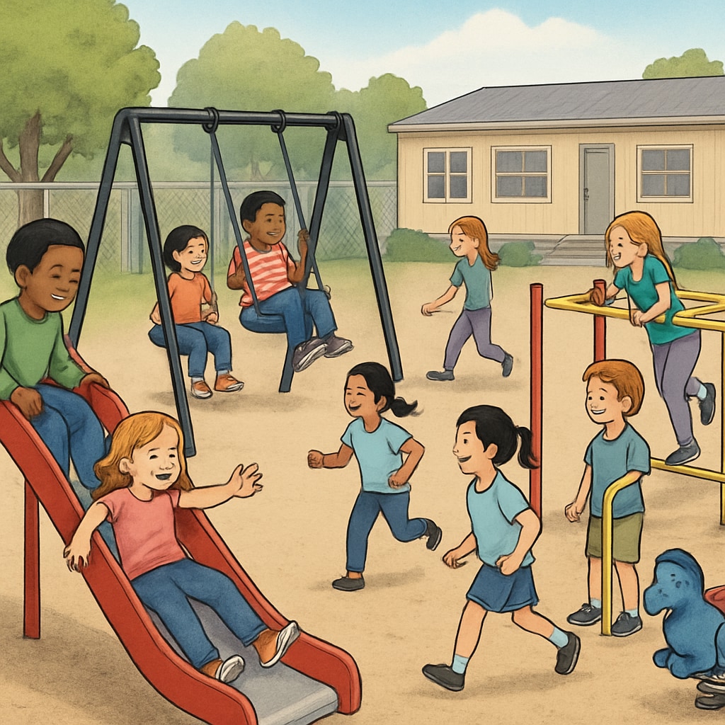 Children playing on a smaller playground in a temporary school campus, illustrating the impact of school relocation on play areas.