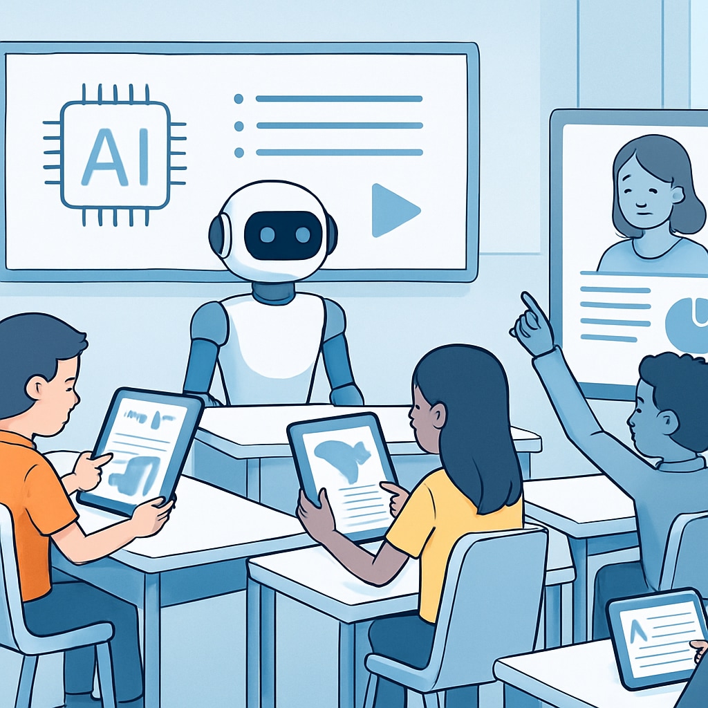 A futuristic classroom with students using AI-powered devices to interact with personalized lessons. AI-powered classroom showcasing personalized learning for K-12 students