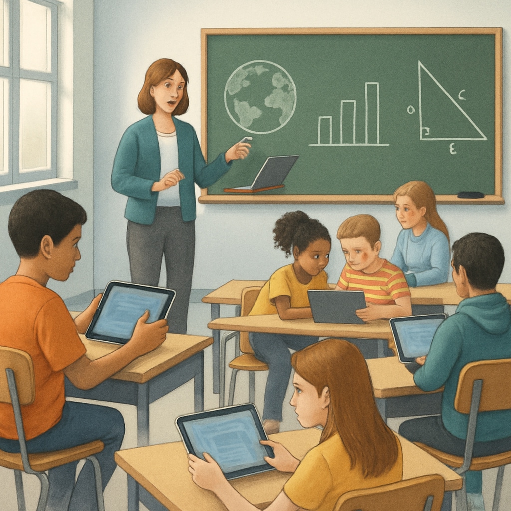 A modern classroom with students using digital tools for learning, illustrating the evolution of educational methods since the 70s. Students using digital learning tools in a modern classroom, showing the progress in teaching strategies after ITA.