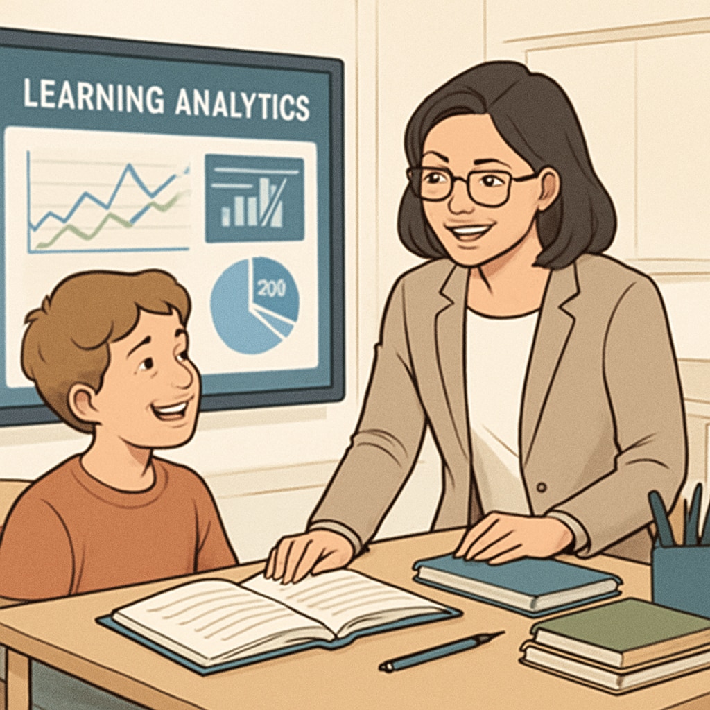 A teacher interacting with a student, while an AI assistant displays real-time learning analytics on a screen. AI-assisted teaching with real-time analytics in a smart classroom setting
