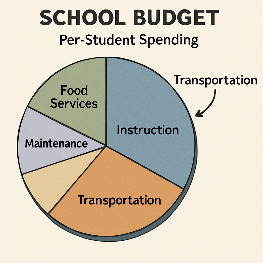 Chart showing school budget breakdown and transportation costs in per-student spending.