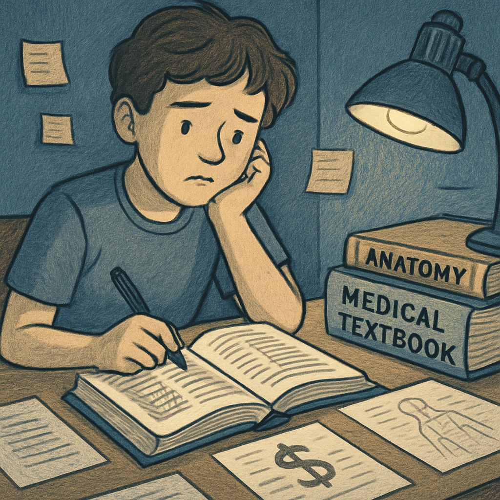Student studying late at night, balancing medical dreams with financial challenges.