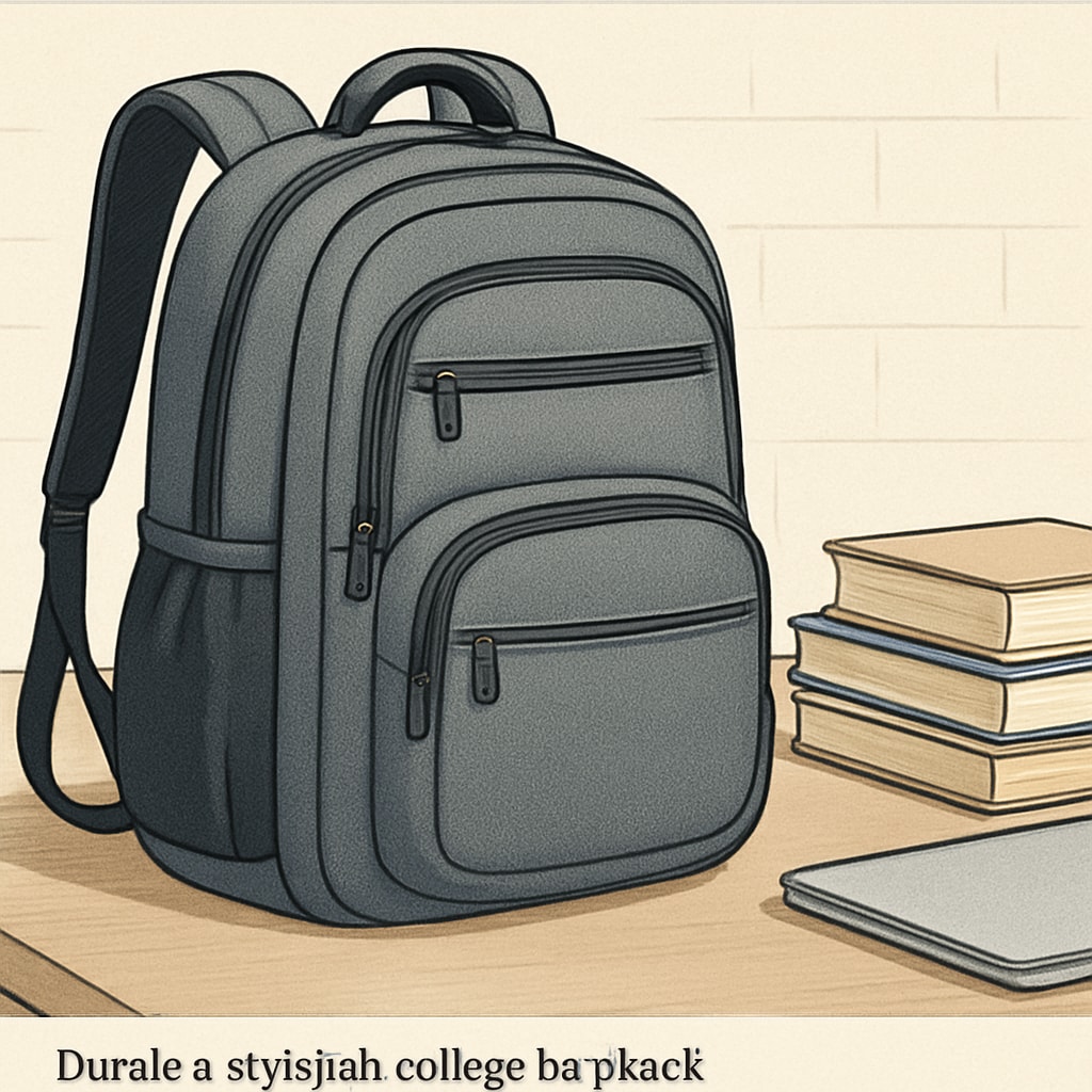A durable and stylish college backpack with multiple compartments, lying on a desk with books and a laptop. A college backpack with multiple compartments on a desk.
