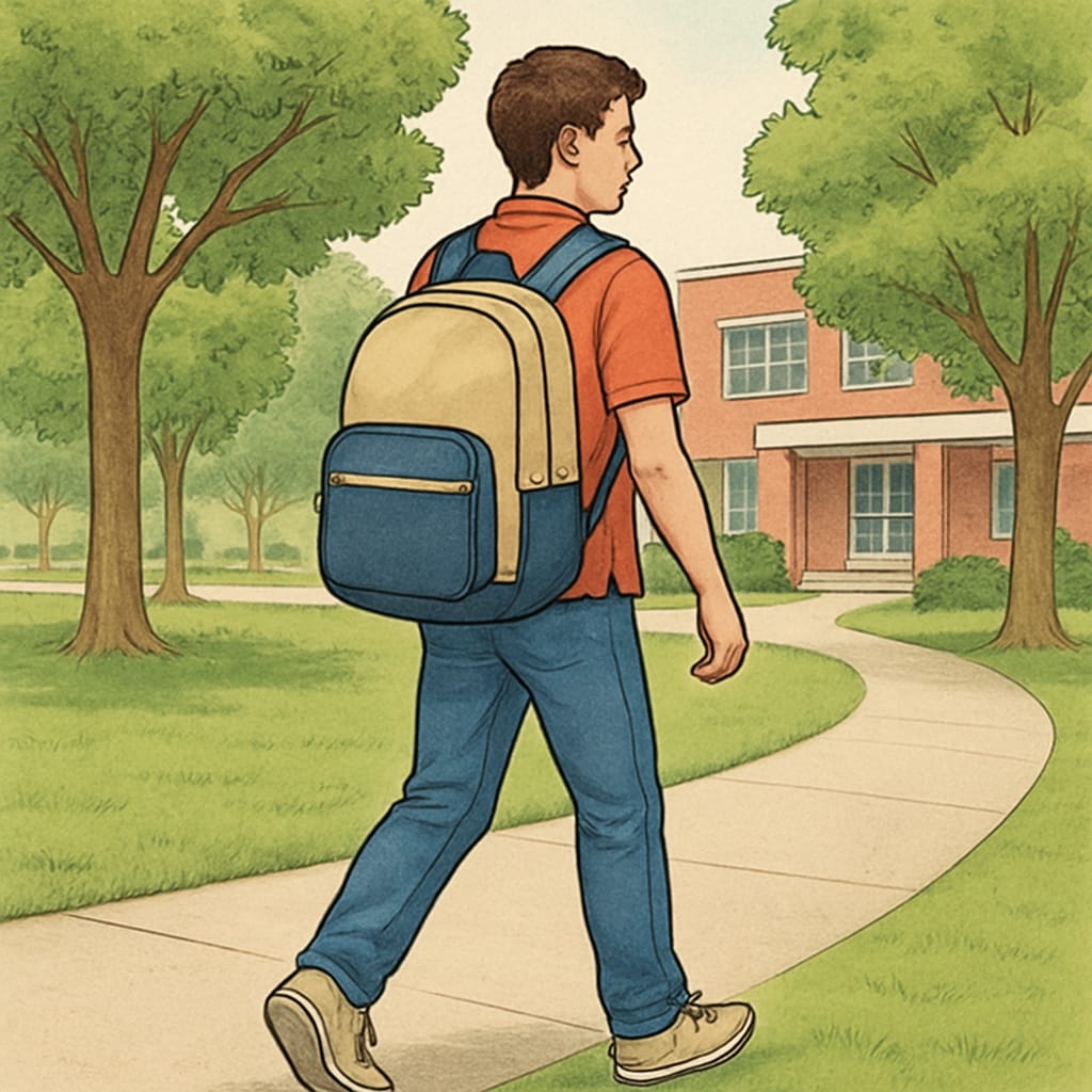 A student walking on campus with a stylish and affordable backpack, surrounded by greenery. A student with an affordable college backpack walking on campus.