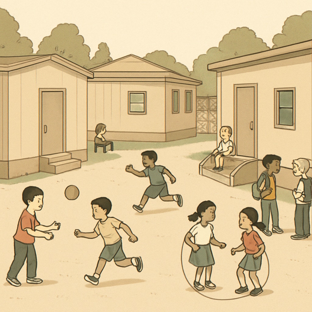 A small, crowded temporary school campus with children playing in limited space. Temporary school campus with limited space affecting elementary students.