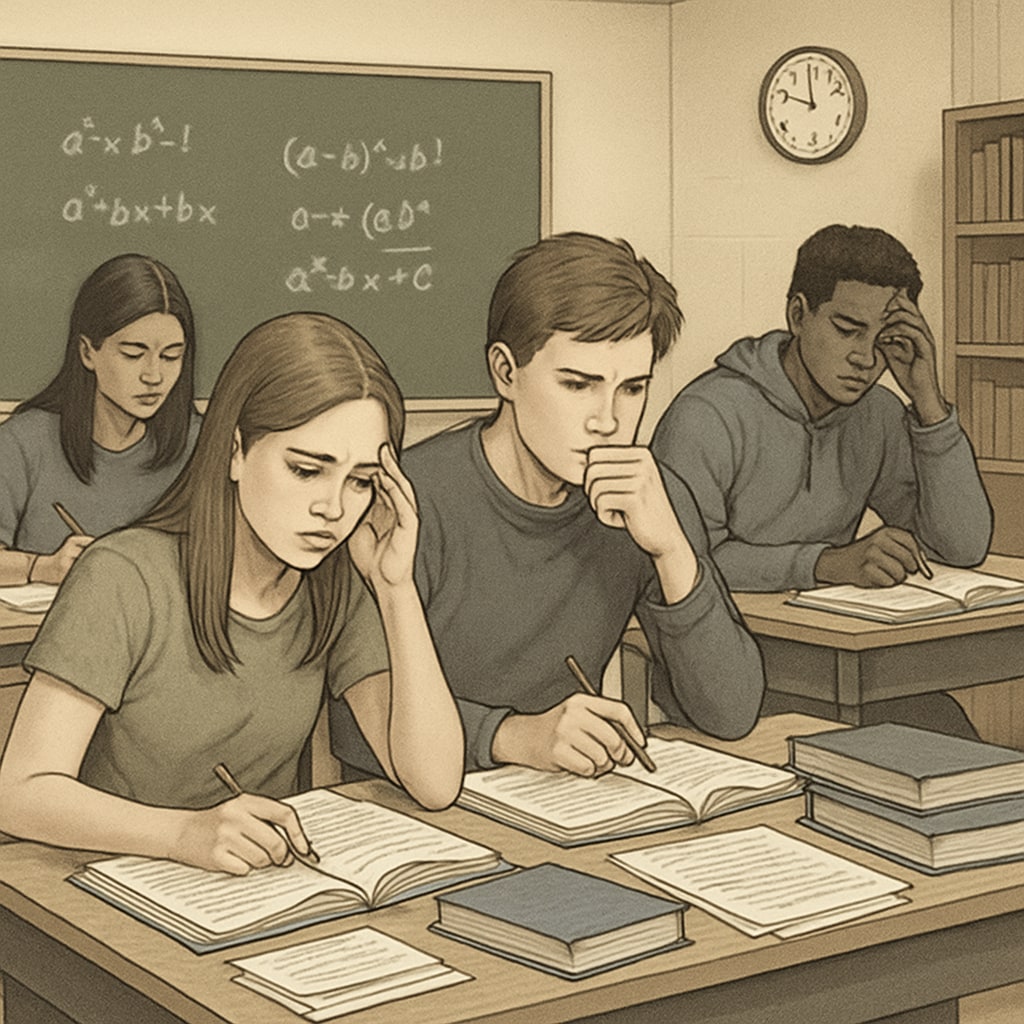 High school students preparing for exams, symbolizing stress related to Ivy League aspirations.