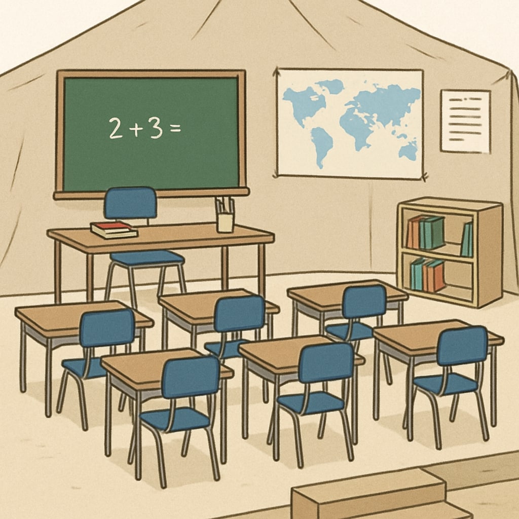 A temporary classroom setup with basic furniture and minimal teaching resources. Temporary classroom setup demonstrating limited facilities for students.