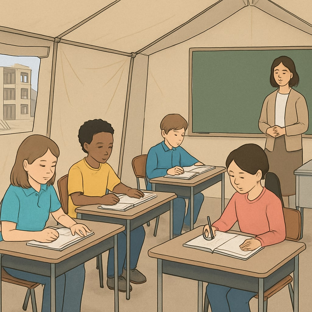 Temporary classroom setup for relocated elementary school students
