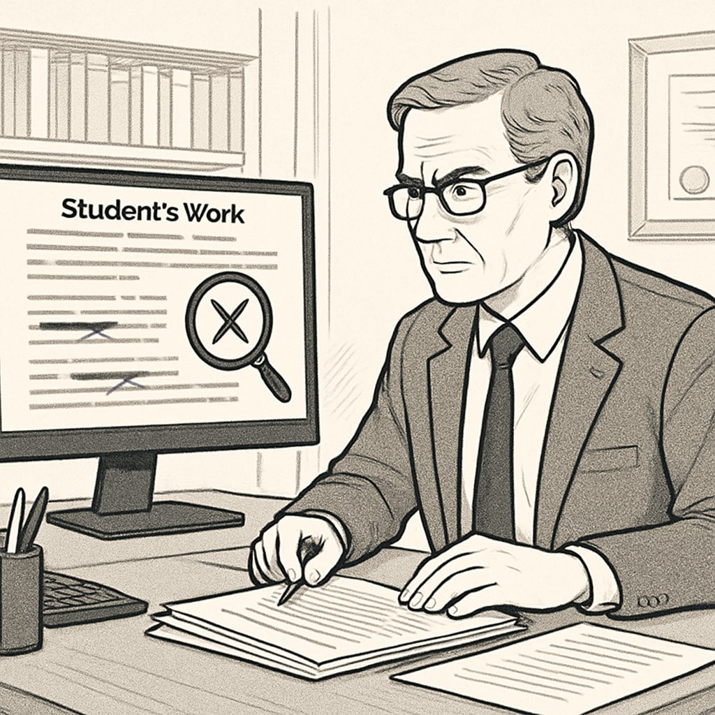 A professor reviewing a student's work on a computer screen, representing academic scrutiny and plagiarism detection A professor reviewing work for plagiarism