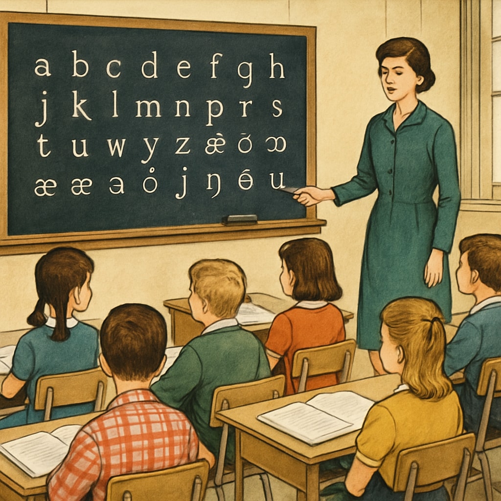 Students in a 1960s classroom learning the Initial Teaching Alphabet with phonetic symbols.