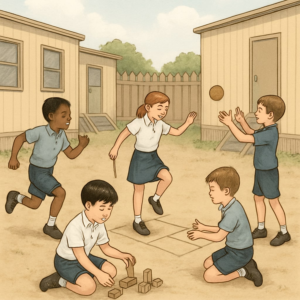 Restricted outdoor play area in a temporary school campus