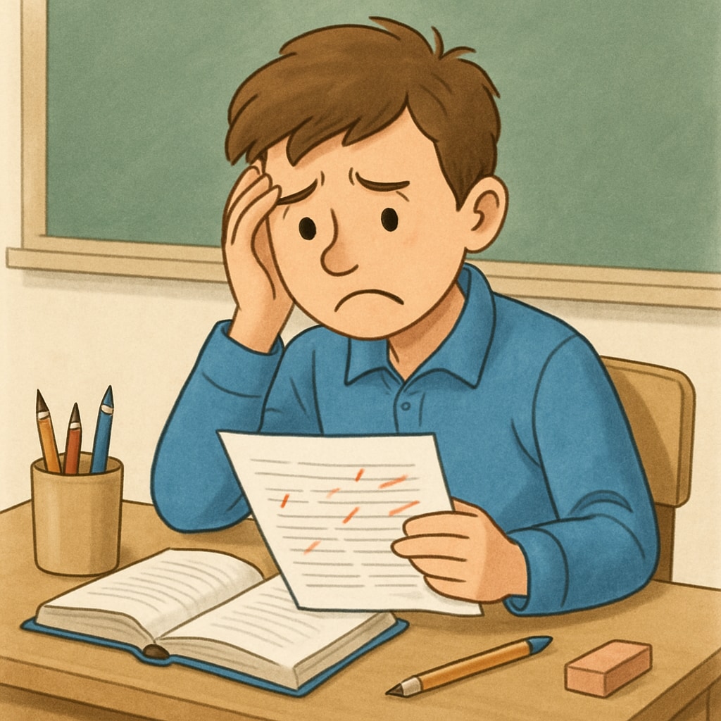 A student sitting at a desk, looking distressed while holding a marked paper A student distressed by wrongful plagiarism accusation