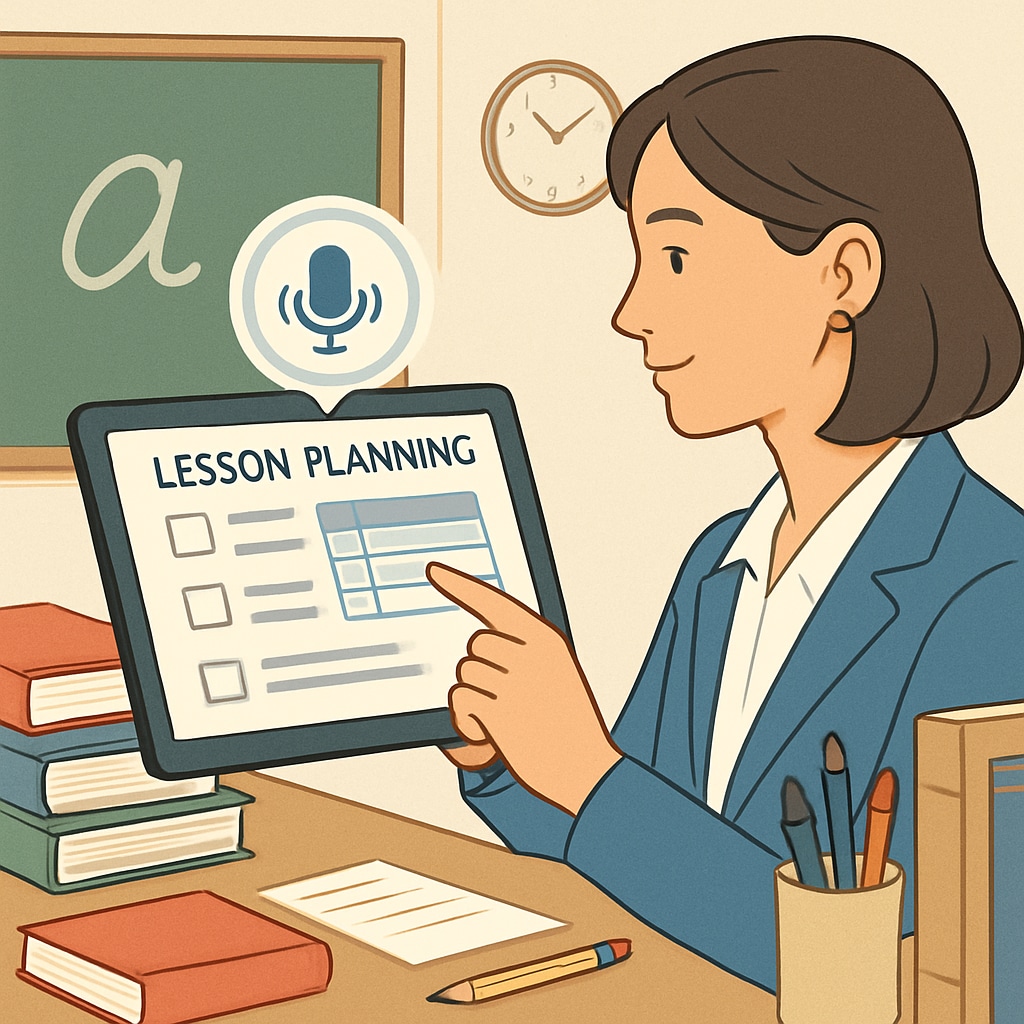Teacher using speech recognition software for lesson planning.
