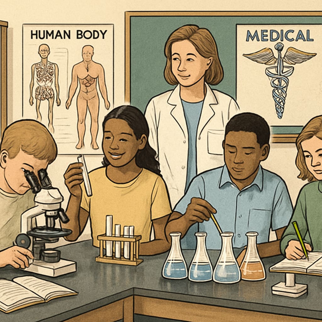 Students conducting science experiments, highlighting educational struggles for medical aspirations.