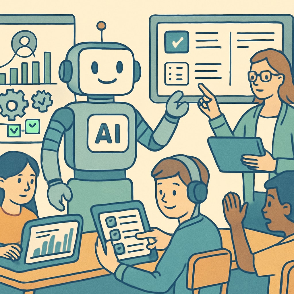 AI assisting students in education settings including adaptive learning platforms.
