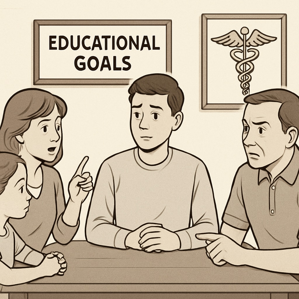 A family in conversation about educational plans, symbolizing family expectations in pursuing medical dreams.
