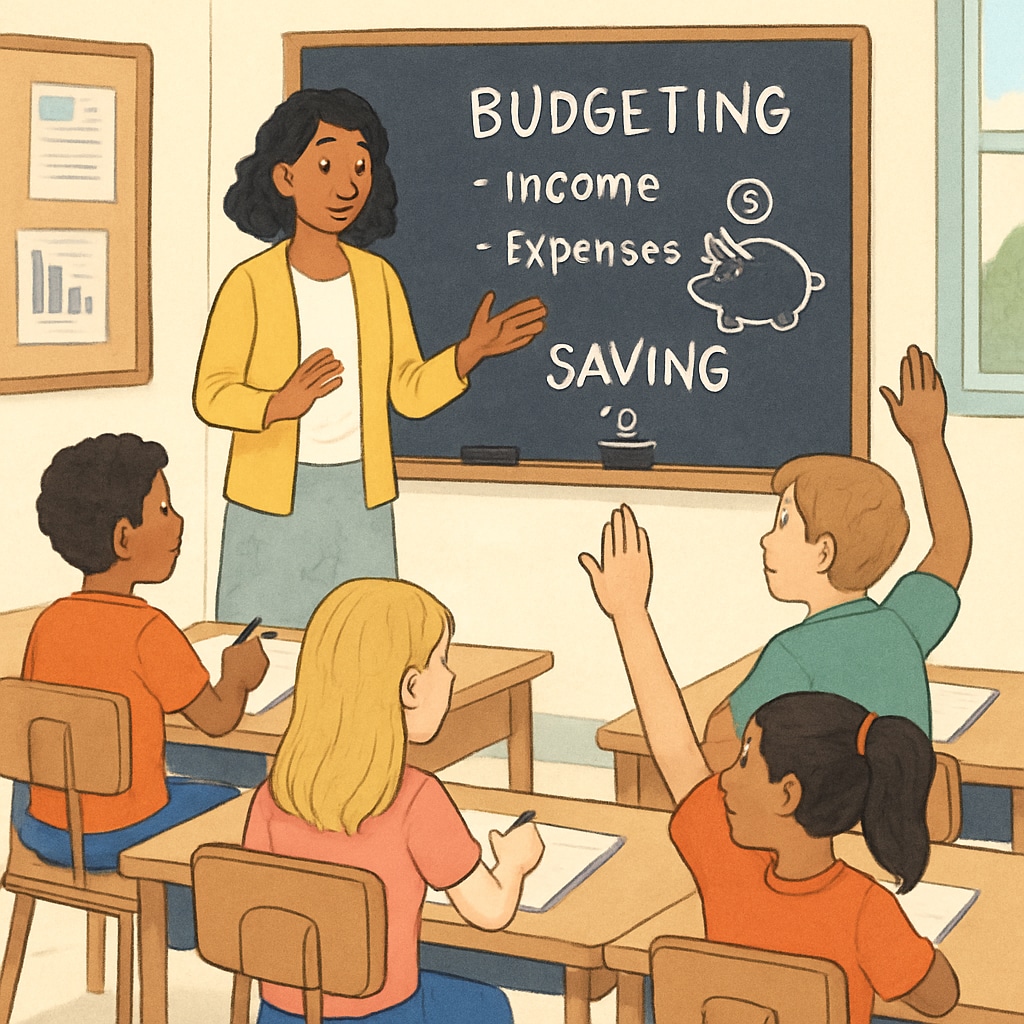 Classroom activity teaching financial literacy to prepare students for future educational expenses.