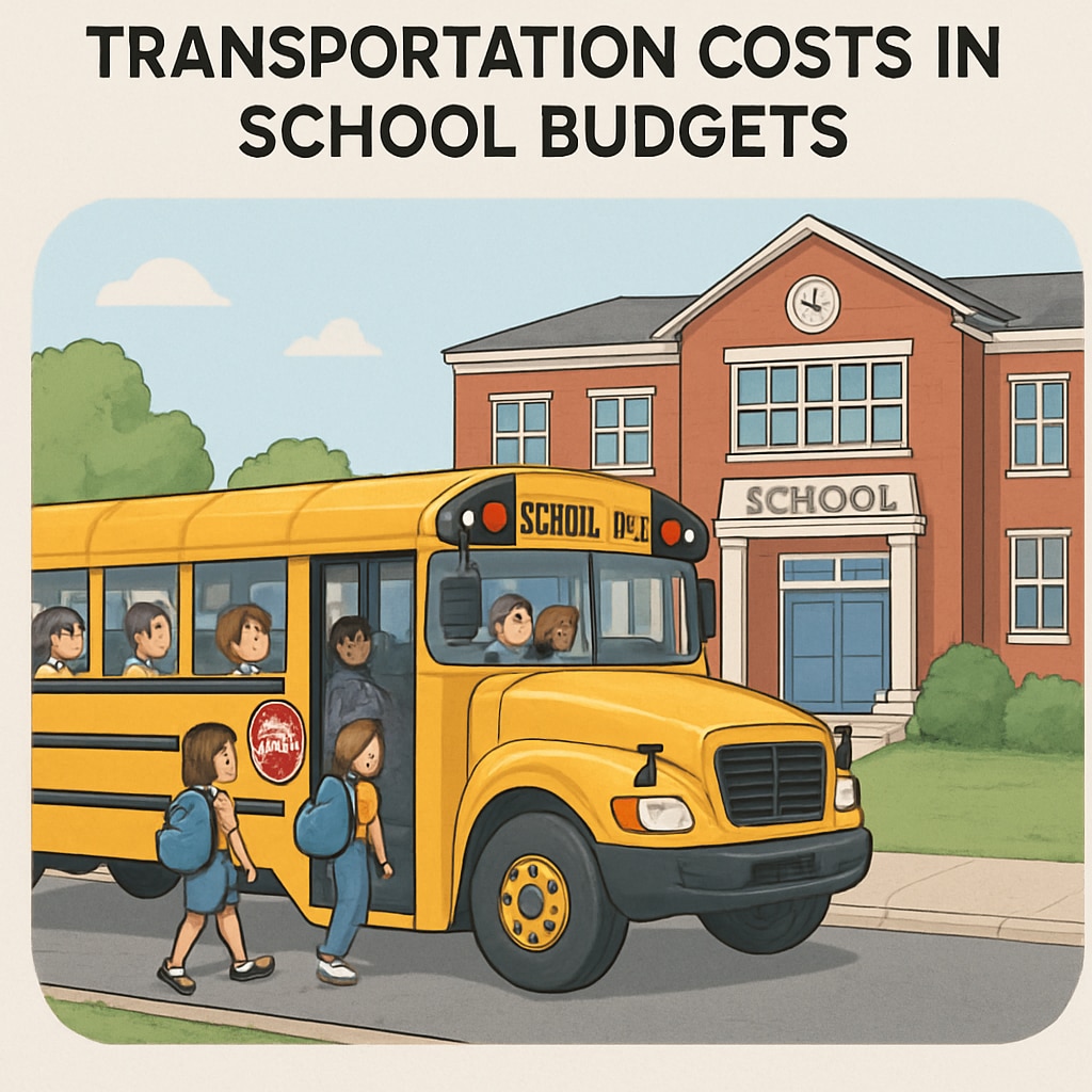 A school bus transporting students, representing how transportation costs are factored into school budgets. School bus transporting students as an example of transportation costs affecting per-student spending.