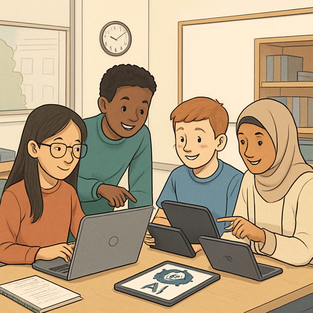 Students using AI tools in a collaborative project.