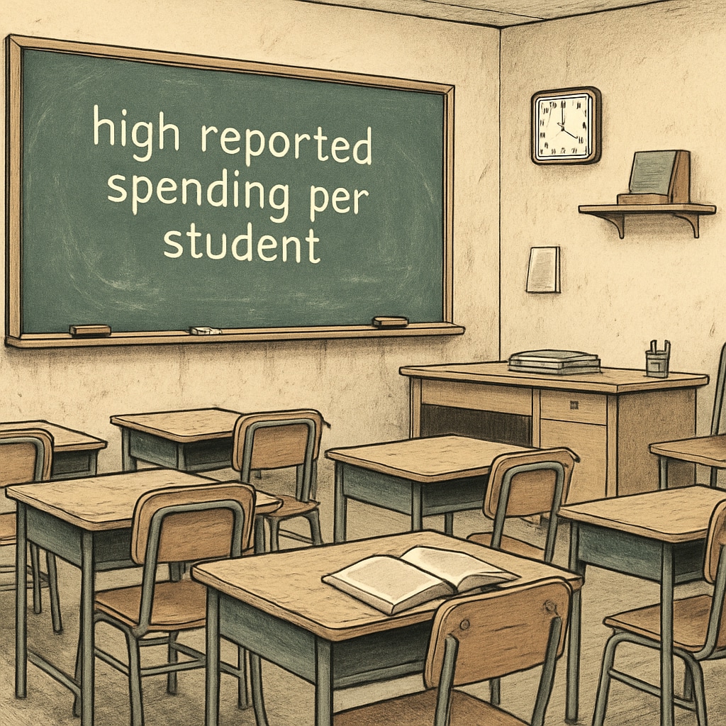 A classroom with outdated equipment, illustrating disparities in educational resources despite high reported spending per student. Classroom with outdated equipment, showing inequities in school resource allocation.