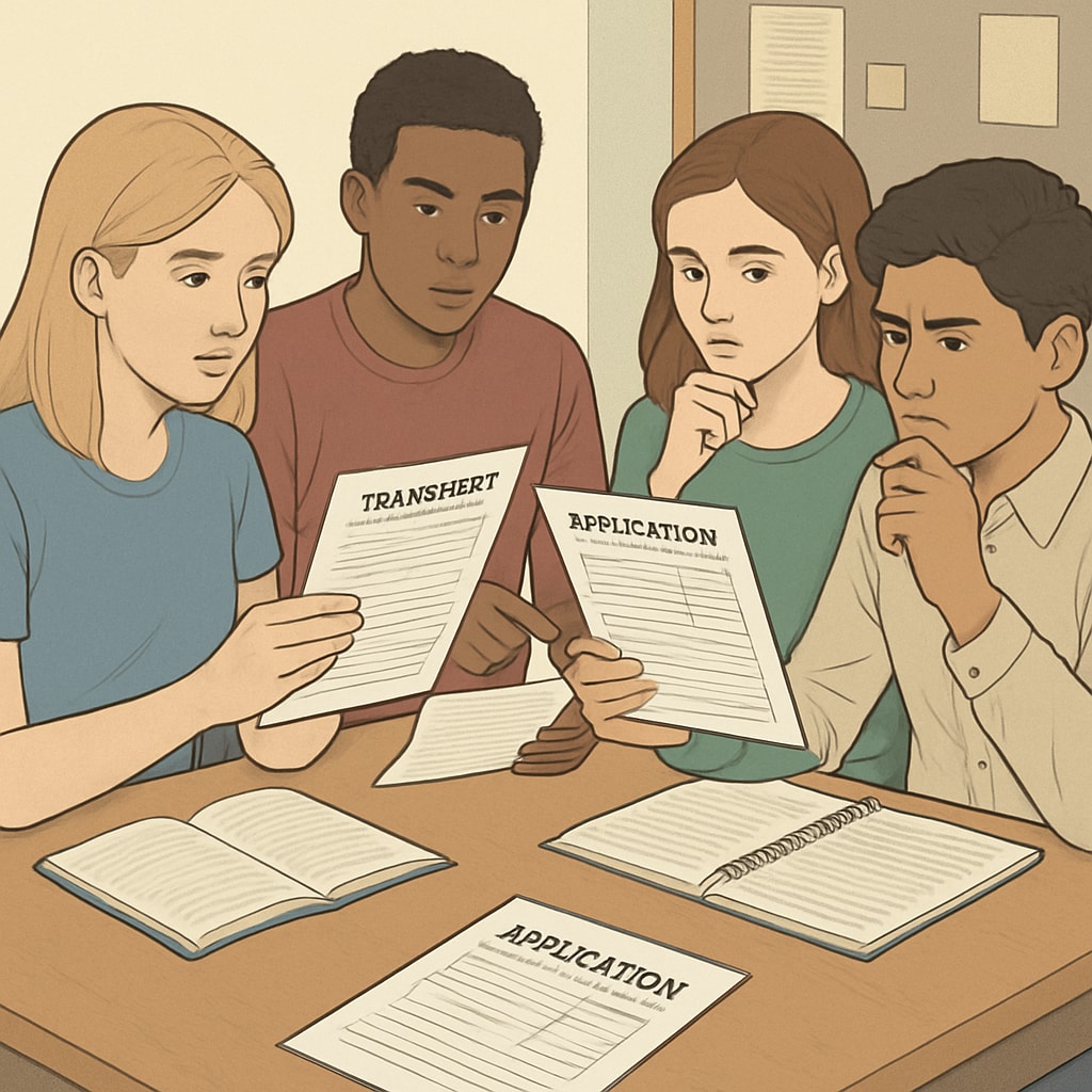 High school students discussing transcripts and college applications for Harvard University.