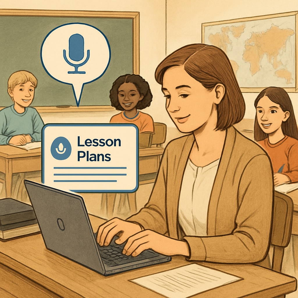 A teacher using a speech-to-text application on a laptop to generate lesson plans, with students in the background. WillowVoice in use by a teacher to streamline lesson planning and enhance education efficiency.