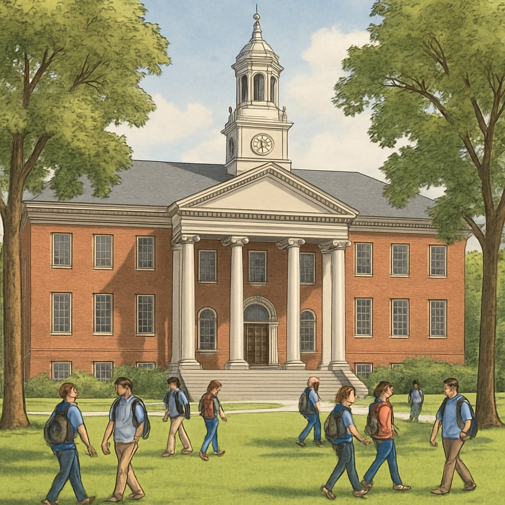 Harvard University campus with students walking on the lawn, symbolizing academic aspirations.