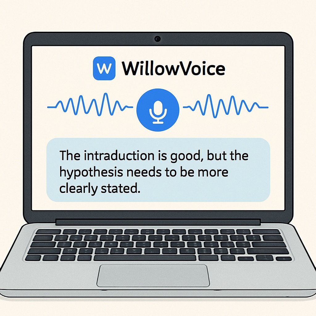 A close-up of a laptop screen showing WillowVoice in action, transcribing spoken feedback into text. WillowVoice transcribing feedback to improve teaching efficiency and feedback quality.