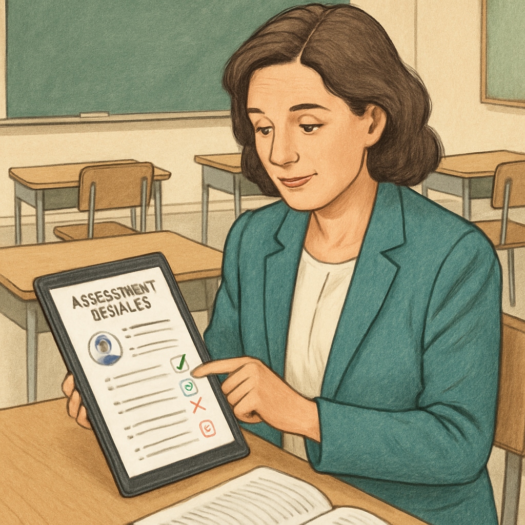 A teacher reviewing a student's assessment results on a tablet, with a classroom setting in the background. Teacher reviewing K12 assessment results with a student.