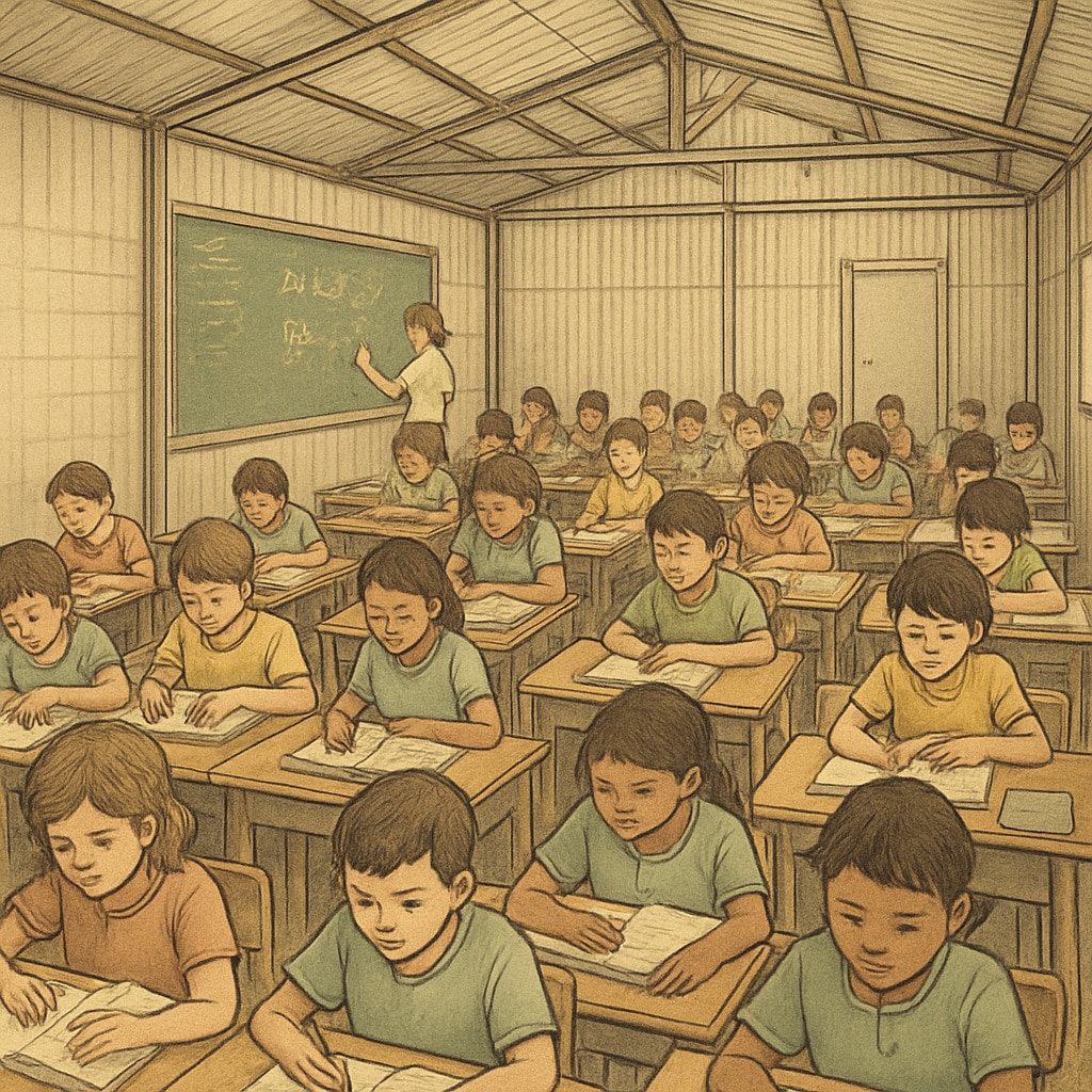 A crowded temporary classroom filled with young students trying to learn in limited space, highlighting the constraints of reduced campus environments. Students in a crowded temporary classroom during school reconstruction