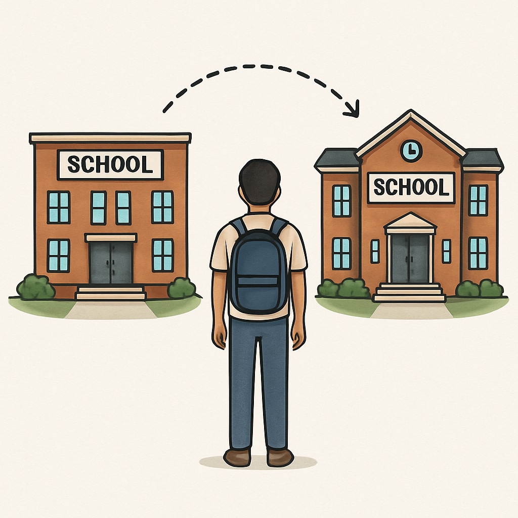 An illustration showing a student standing between two schools, symbolizing the concept of school choice and transfer challenges. Illustration depicting school choice and transfer obstacles in K12 education.