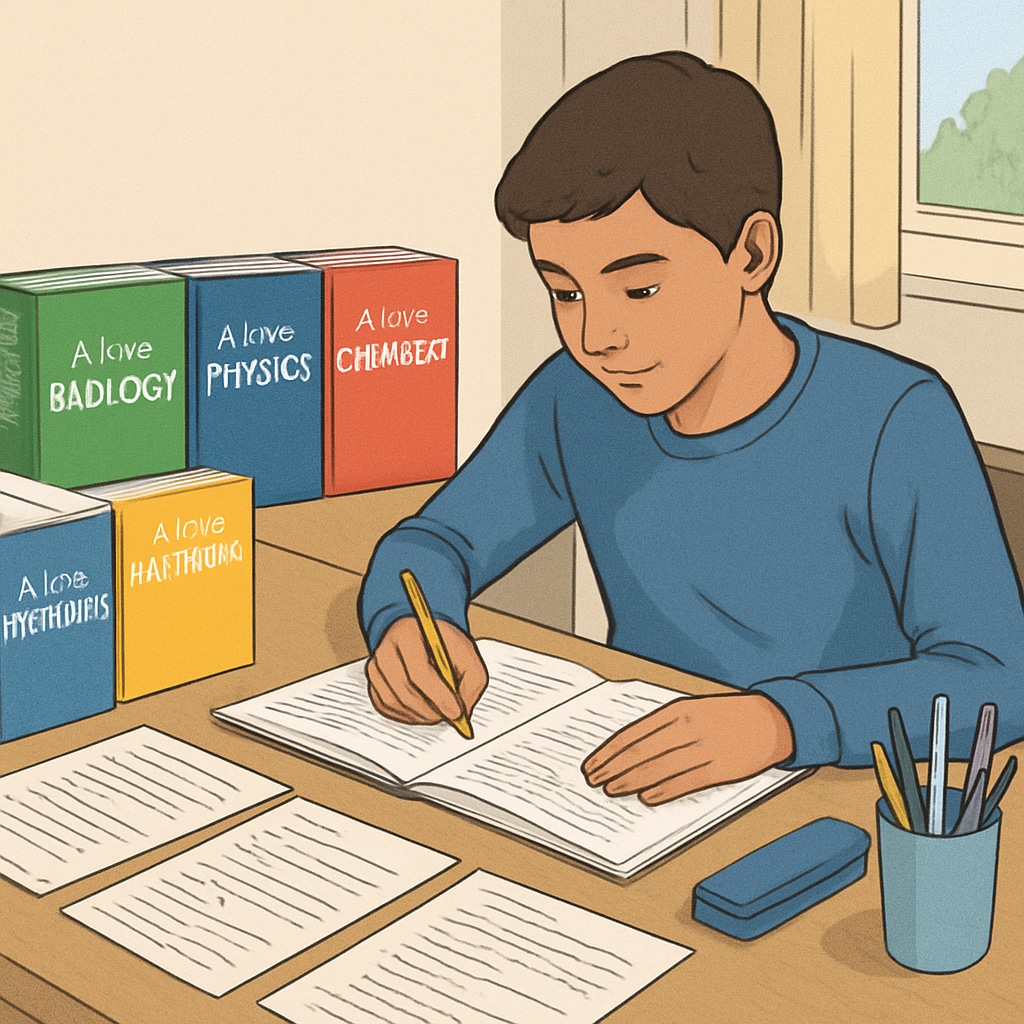 A student studying at home with A-Level revision books and notes spread across a desk. A-Level exam preparation materials on a desk.
