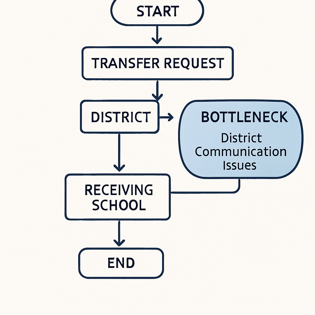 A graphic depicting a flowchart of school transfer processes, highlighting bottlenecks caused by district communication issues. Flowchart visual showing communication barriers in school transfer processes.