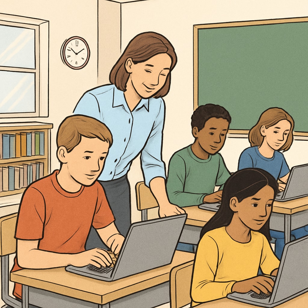 A group of students working on laptops in a classroom, with a teacher assisting them. Students and teacher collaborating on K12 assessments using laptops.