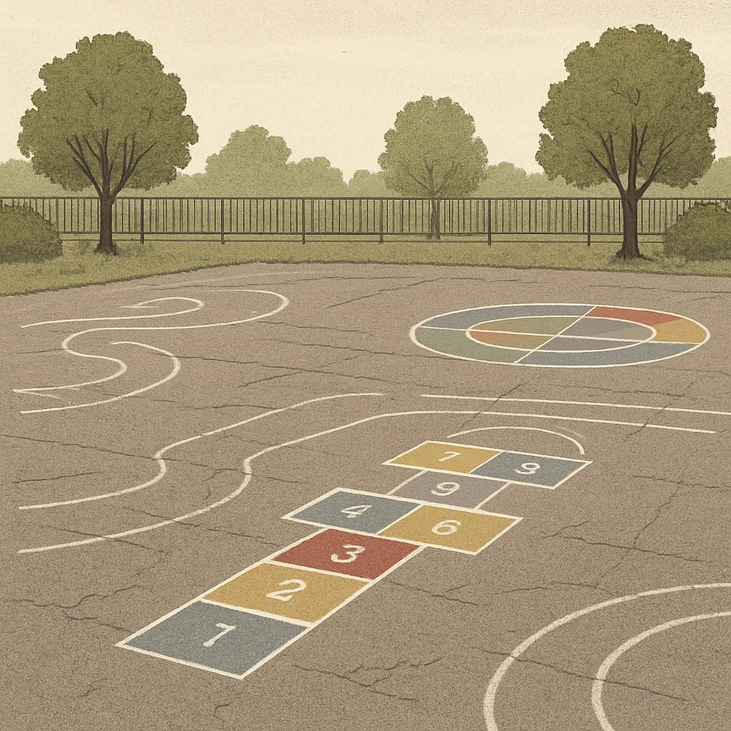 An empty outdoor area where a school playground used to be, symbolizing the lack of facilities during school reconstruction. Empty space in a temporary campus lacking recreational facilities