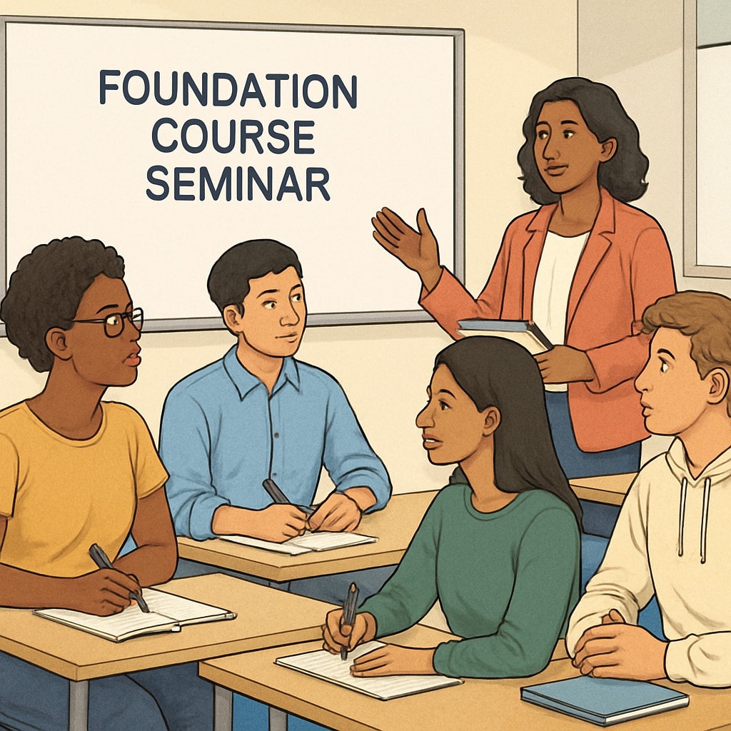 A group of international students attending a foundation course seminar in a modern classroom setting. Students learning during an international foundation course.