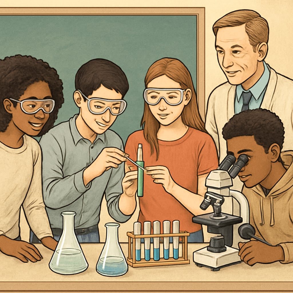 A diverse group of high school students in a science classroom working collaboratively on an experiment, with a teacher providing guidance. High school students and a teacher in a science classroom conducting an experiment.