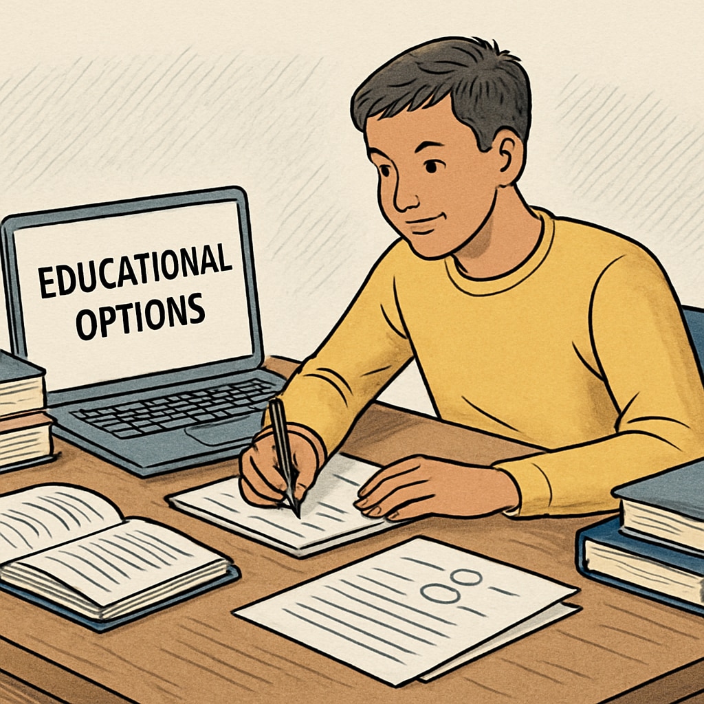 A motivated student exploring educational options on a laptop, symbolizing the decision-making process after A-level exam setbacks. Student researching foundation year courses and university options.