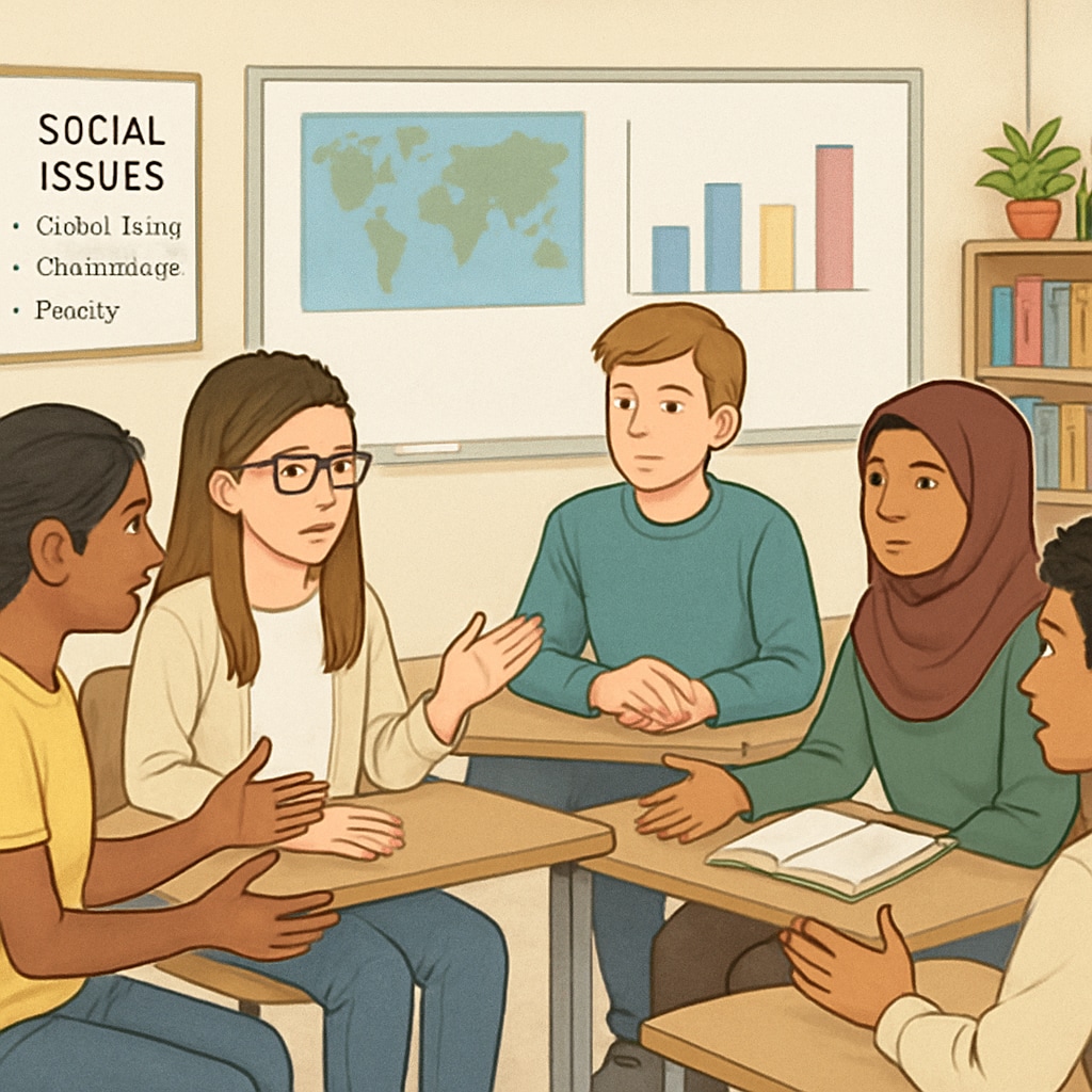 A classroom with diverse students engaging in a discussion about social issues, representing the integration of wokeness in education. Students discussing social issues in a classroom, reflecting wokeness in education.