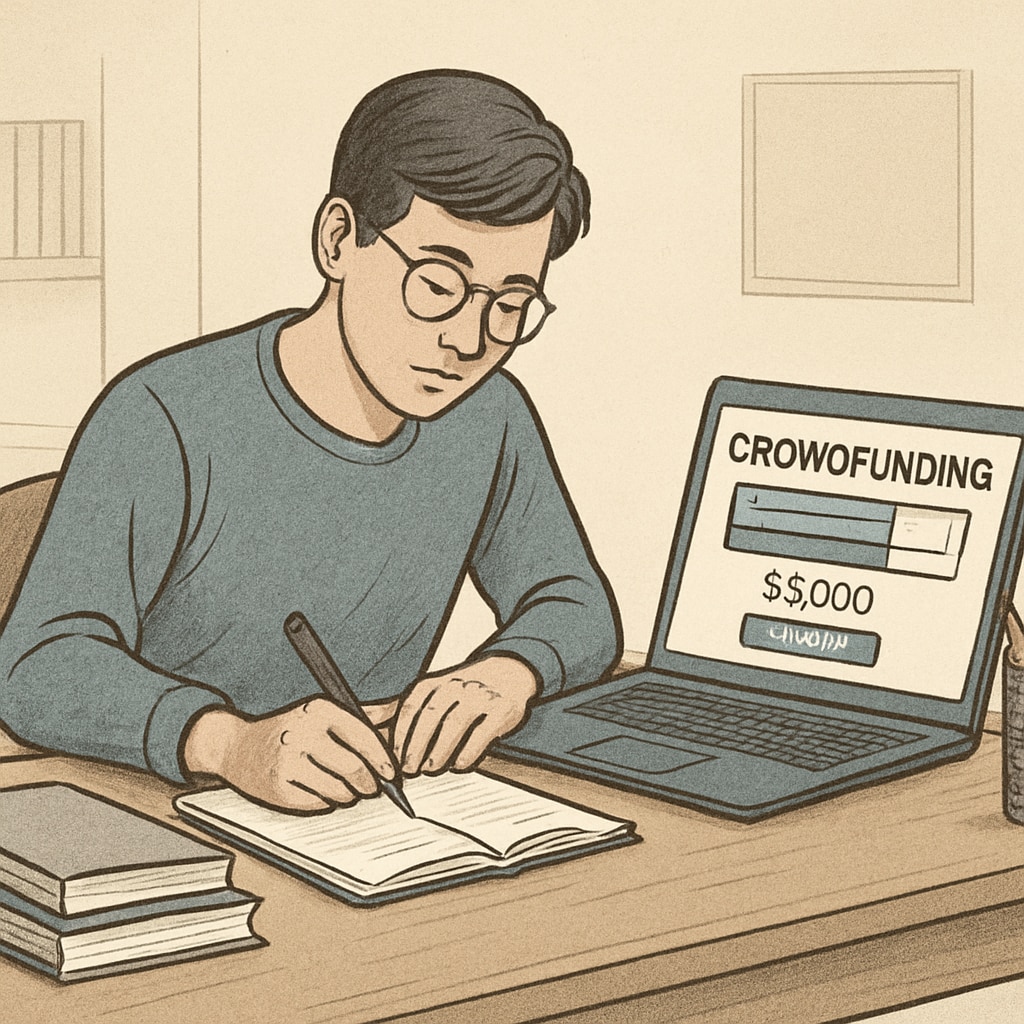 A college student writing on a notebook with a crowdfunding platform open on a laptop. The image represents the financial struggles faced by students and their reliance on crowdfunding. Student using crowdfunding platform to pay tuition fees.
