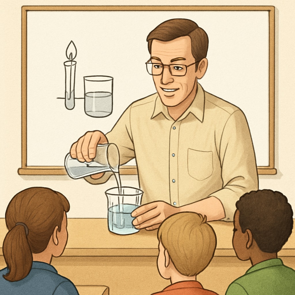 A teacher demonstrating a simple science experiment to a group of students, with visual aids like a whiteboard diagram in the background. Teacher and students in a science classroom using visual aids for an experiment.