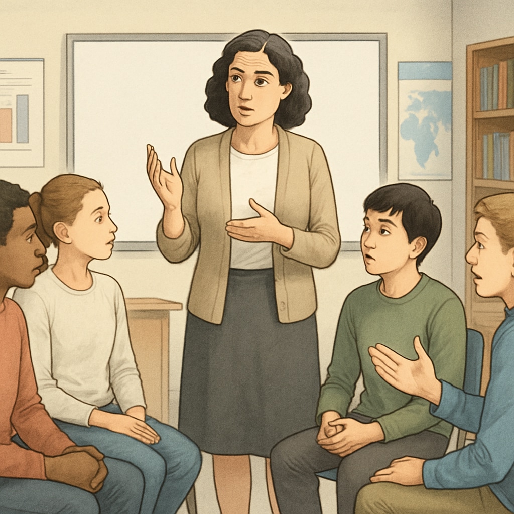 A teacher facilitating a balanced discussion among students with diverse perspectives in a classroom. A teacher leading a discussion on diverse perspectives in a classroom environment.