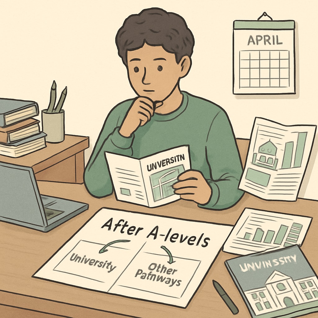 A student reviewing university brochures and planning their academic future, illustrating alternative pathways after A-level exams. Student planning next steps after missing A-level targets.