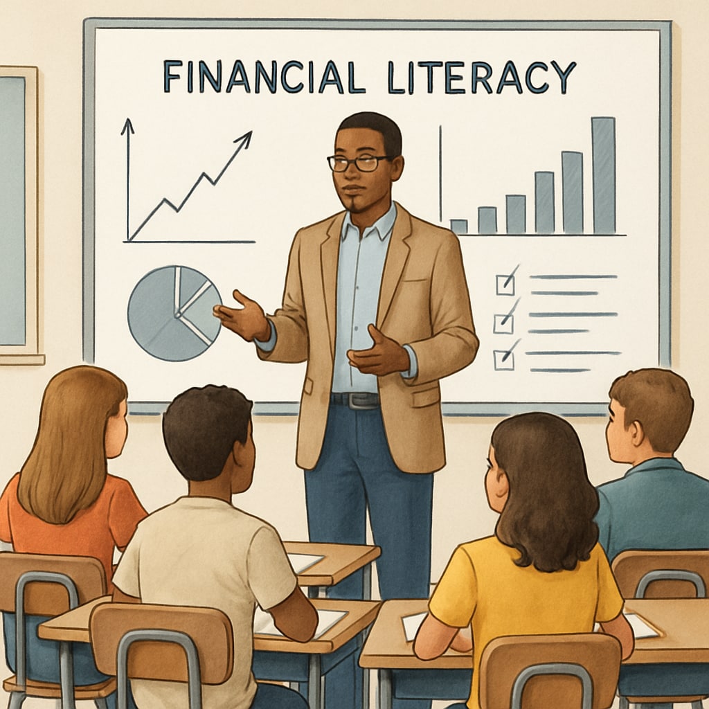 A classroom setting with a teacher explaining financial concepts to students. The image emphasizes the importance of financial literacy in the K12 education system. Teacher explaining financial literacy to high school students.