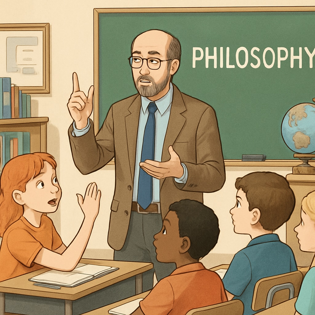 A philosophy teacher engaging with young students in a classroom setting, fostering critical thinking discussions. Philosophy teacher guiding critical thinking in K12 classroom