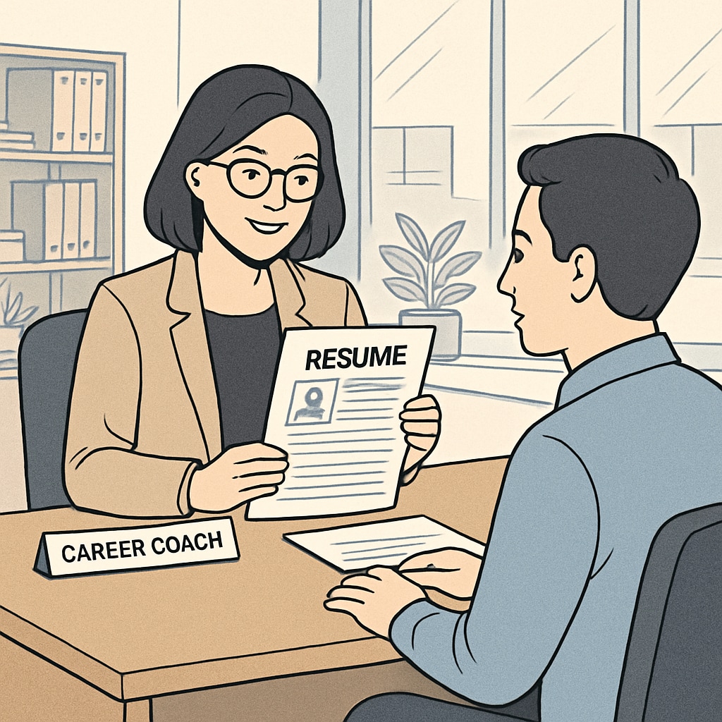 A professional career coach reviewing a resume with a client in a modern office setting. Resume review session with a career coach in Canada, focusing on improvement tips.