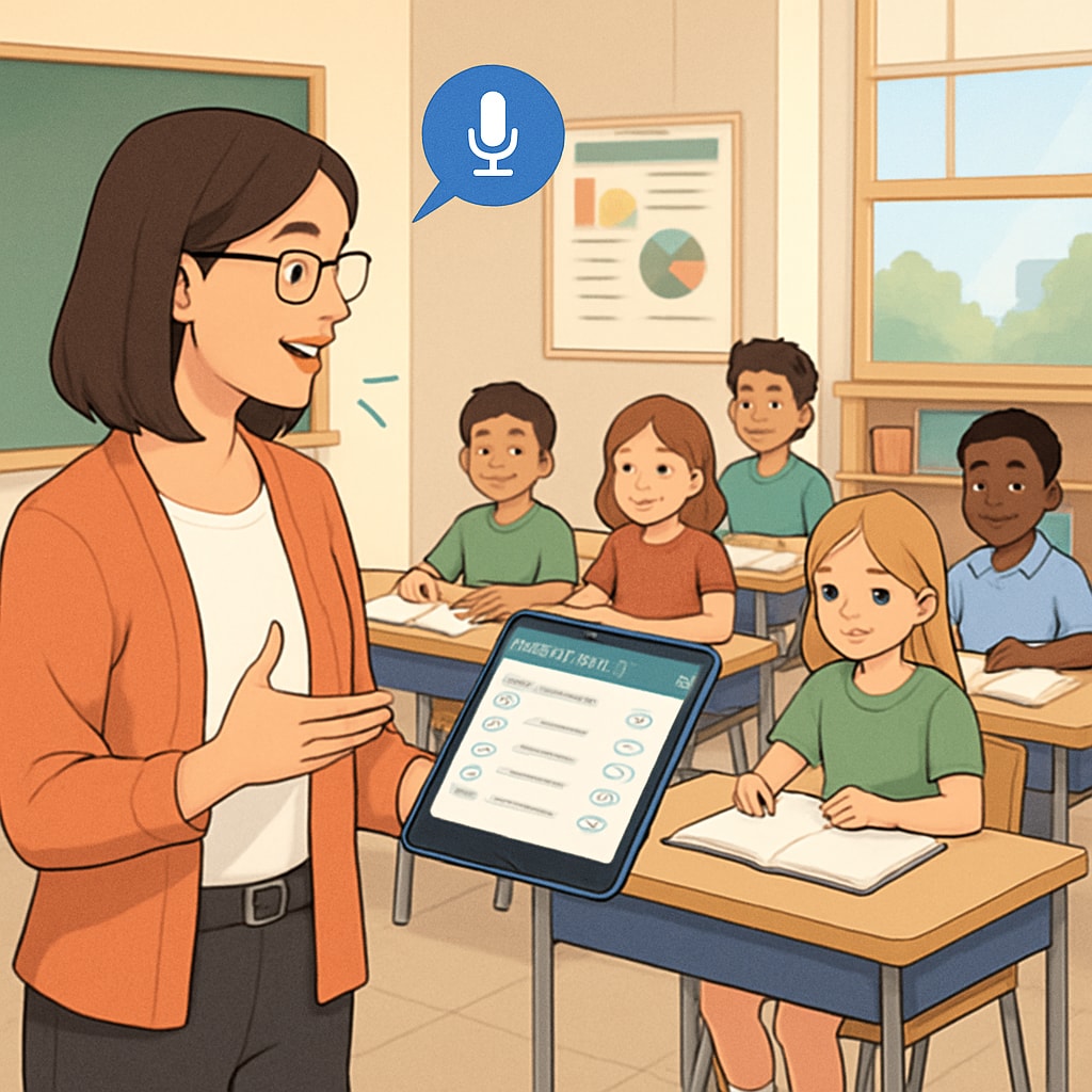 Teacher using WillowVoice speech recognition tool in classroom.